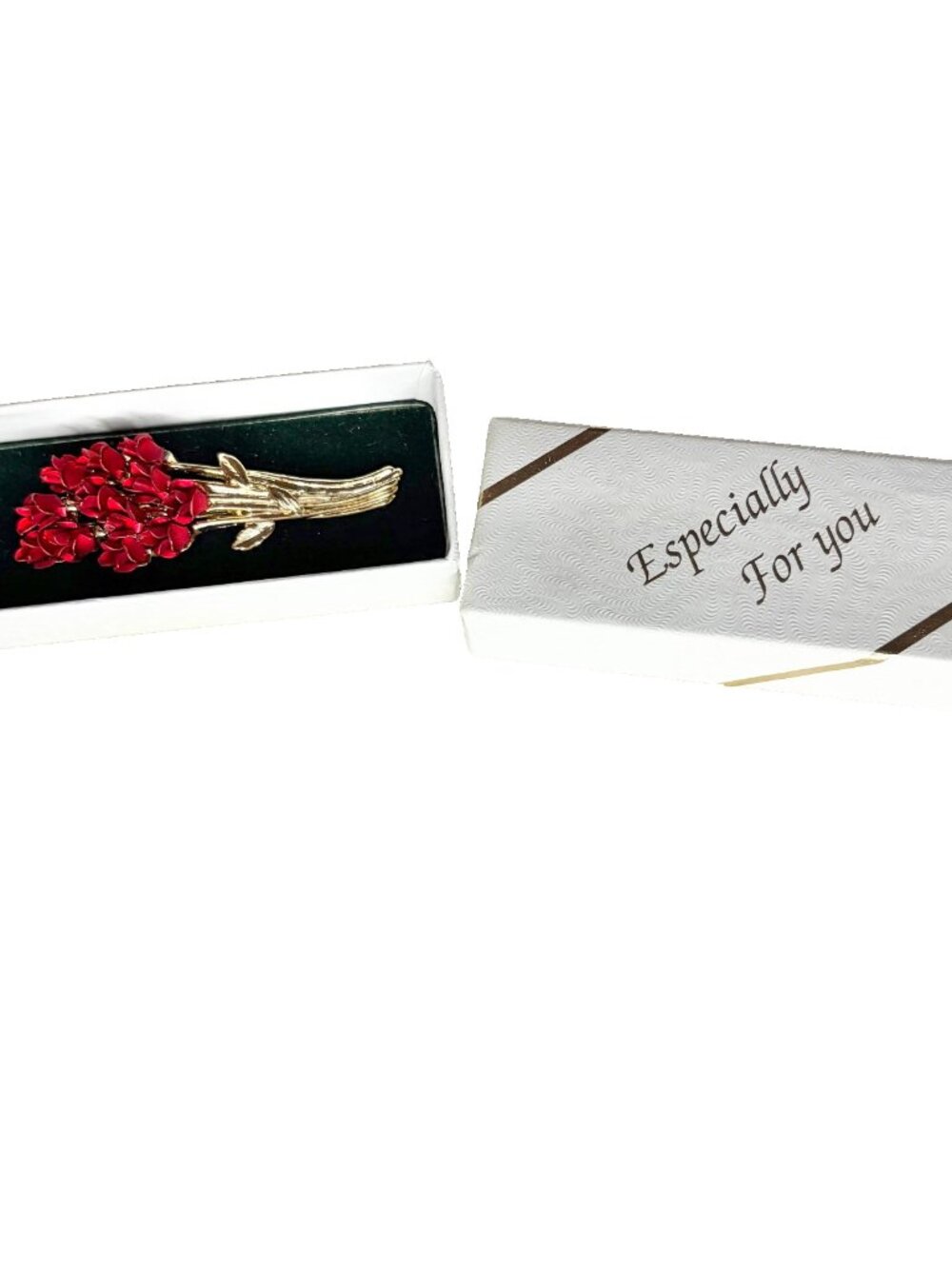 Vintage 1997 DMC Red Enamel Floral Bouquet Brooch Gold Tone Signed Original Box
